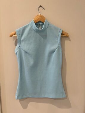 Vintage Sleeveless Mock Neck Ribbed Top - Light Blue
